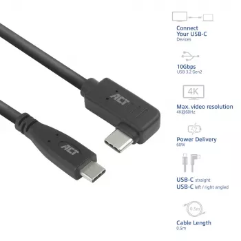 ACT USB 3.0 10Gbps 60W USB Type-C (taisns) uz USB Type-C (kreisais/labais leņķis) kabelis, 0,5 m
