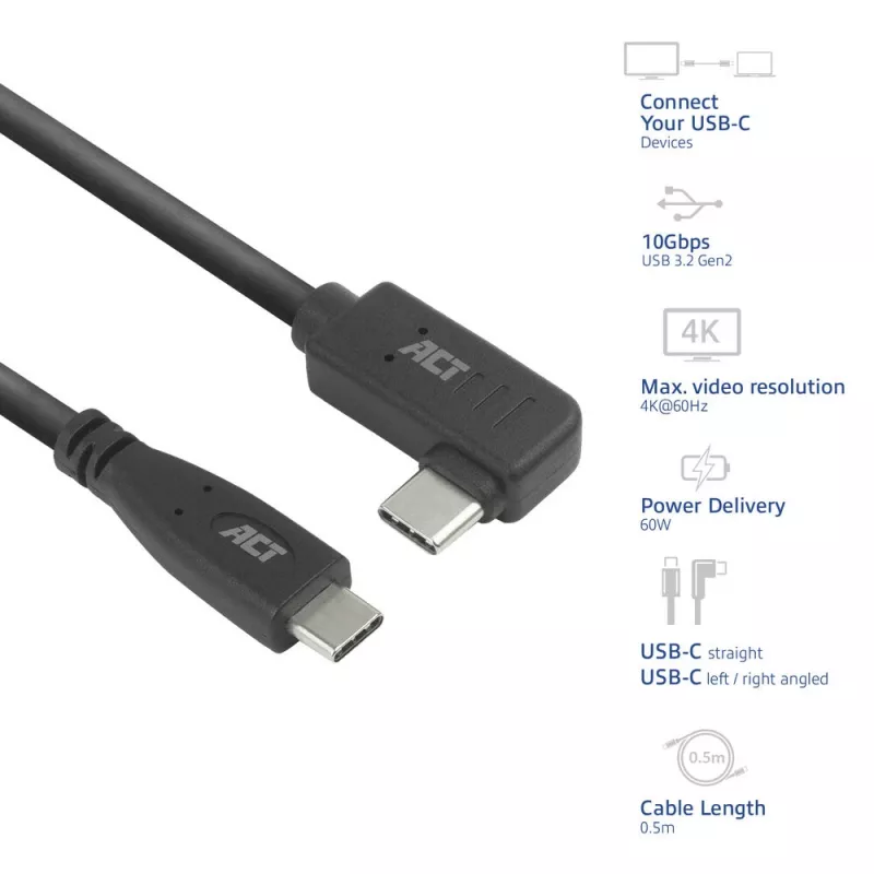 ACT USB 3.0 10Gbps 60W USB Type-C (taisns) uz USB Type-C (kreisais/labais leņķis) kabelis, 0,5 m