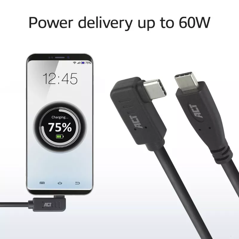 ACT USB 3.0 10Gbps 60W USB Type-C (taisns) uz USB Type-C (kreisais/labais leņķis) kabelis, 0,5 m