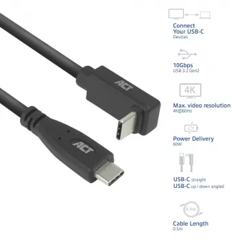 ACT USB 3.0 10Gbps 60W USB Type-C (taisns) uz USB Type-C (augšup/lejup leņķa) kabelis, 0,5 m
