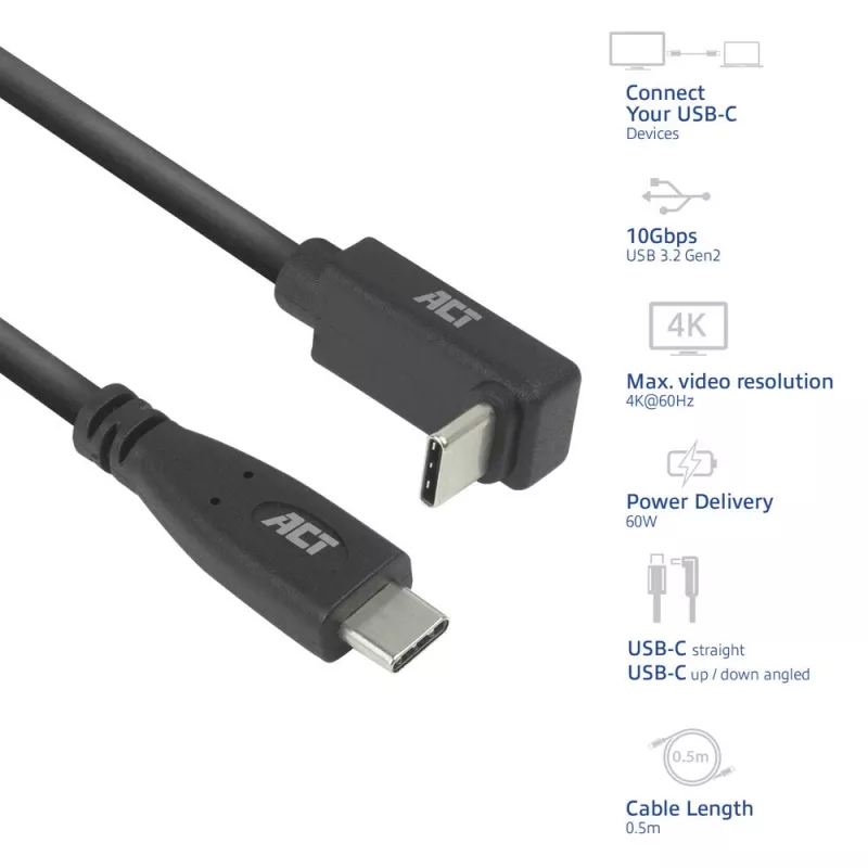 ACT USB 3.0 10Gbps 60W USB-C (taisns) uz USB-C (augšup/lejup leņķveida) kabelis, 2 m