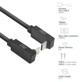ACT USB 3.0 10Gbps 60W USB Type-C (augšup/lejup leņķis) uz USB Type-C (augšup/lejup leņķis) kabelis, 0,5 m