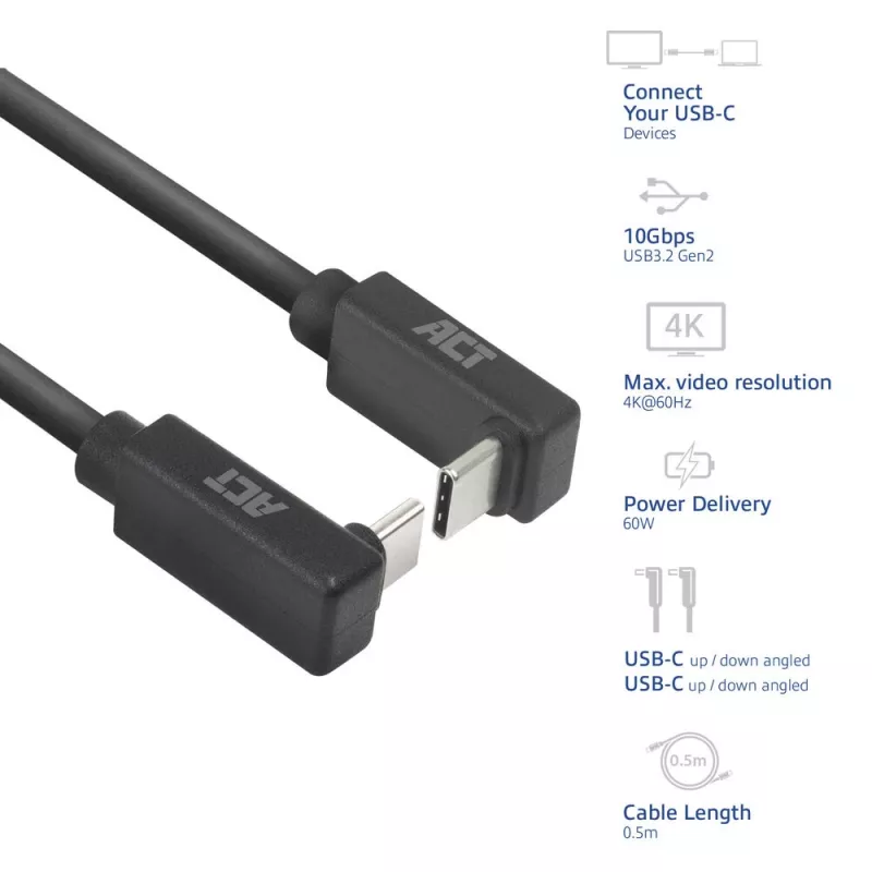 ACT USB 3.0 10Gbps 60W USB Type-C (augšup/lejup leņķis) uz USB Type-C (augšup/lejup leņķis) kabelis, 0,5 m