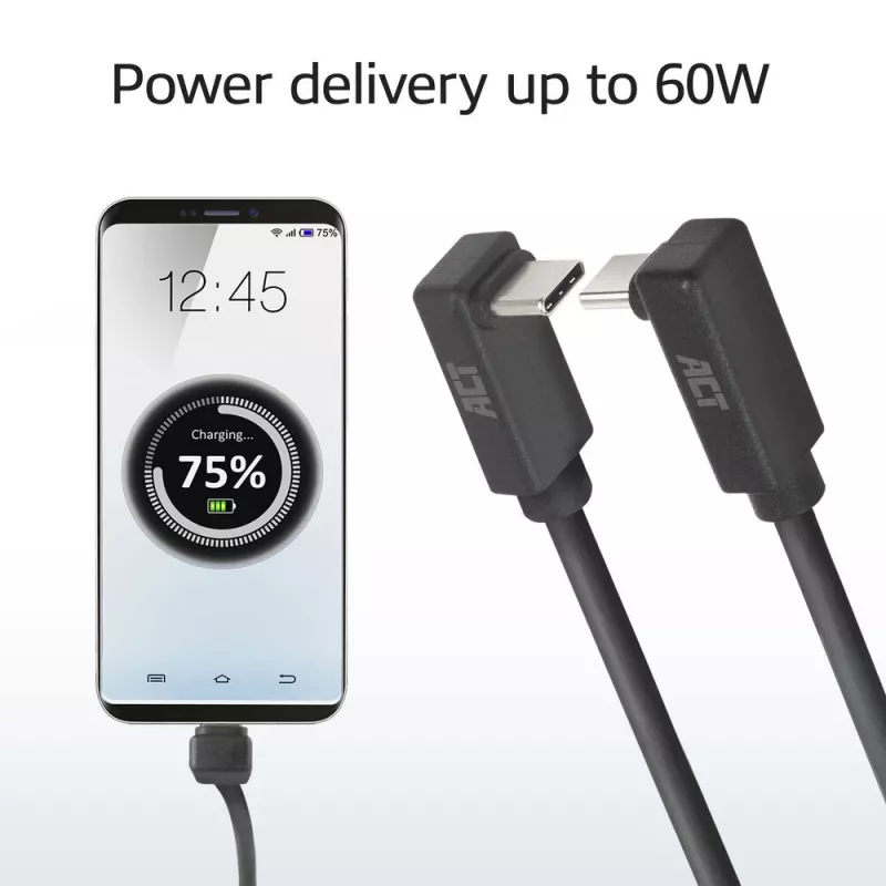 ACT USB 3.0 10Gbps 60W USB Type-C (augšup/lejup leņķis) uz USB Type-C (augšup/lejup leņķis) kabelis, 0,5 m
