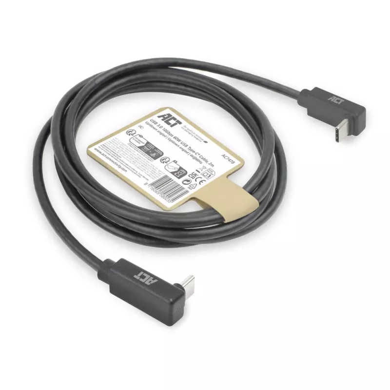 ACT USB 3.0 10Gbps 60W USB Type-C (augšup/lejup leņķis) uz USB Type-C (augšup/lejup leņķis) kabelis, 2 metri