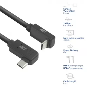 ACT USB 3.0 10Gbps 60W USB Type-C (kreisais/labais leņķis) uz USB Type-C (augšup/lejup leņķis) kabelis, 0,5 metri