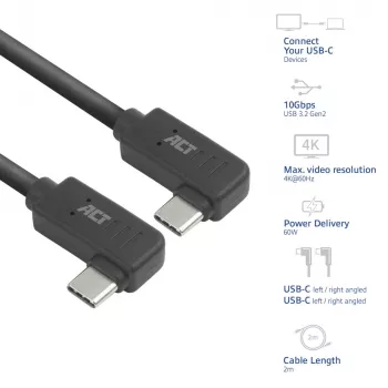 ACT USB 3.0 10Gbps 60W USB Type-C (kreisais/labais leņķa) uz USB Type-C (kreisais/labais leņķa) kabelis, 0,5 m