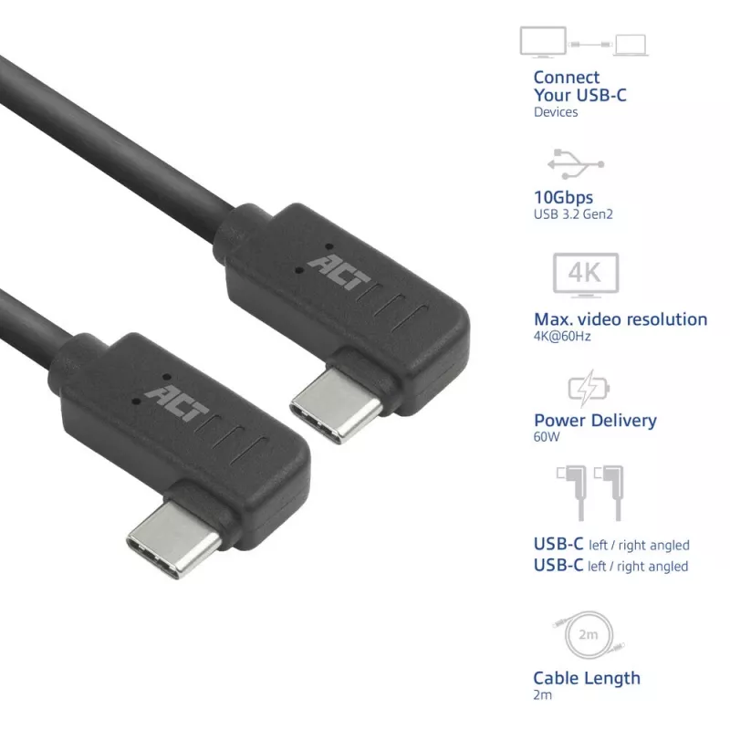 ACT USB 3.0 10Gbps 60W USB Type-C (kreisais/labais leņķis) uz USB Type-C (kreisais/labais leņķis) kabelis, 1 metrs