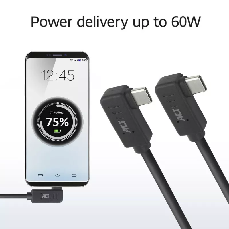 ACT USB 3.0 10Gbps 60W USB Type-C (kreisais/labais leņķis) uz USB Type-C (kreisais/labais leņķis) kabelis, 1 metrs