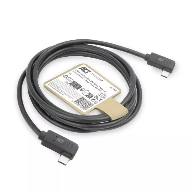 ACT USB 3.0 10Gbps 60W USB Type-C® (kreisais/labais leņķis) uz USB Type-C® (kreisais/labais leņķis) kabelis, 2 metri