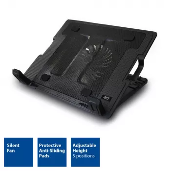 ACT Laptop statīvs ar ventilatoru, 5 augstuma pozīcijām, 2-portu USB centrmezgls