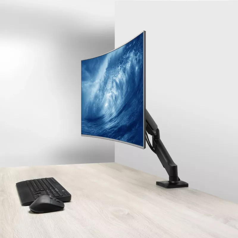 Monitora roka ACT 35 collu ekrāniem, gāzes atspere, viens monitors, skava/caurums, līdz 9 kg, VESA 75x75–100x100, slīpums ±45°, melna
