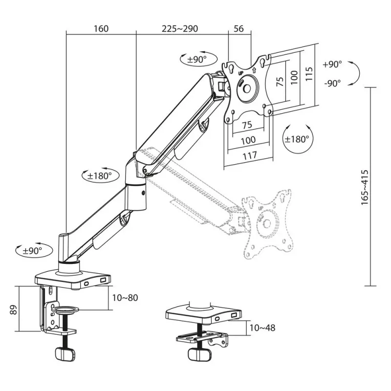 Monitora roka ACT 35 collu ekrāniem, gāzes atspere, viens monitors, skava/caurums, līdz 9 kg, VESA 75x75–100x100, slīpums ±45°, melna