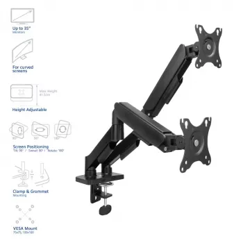 ACT monitora roka 35 collu, gāzes atspere, 2 monitoriem, Essentials, Clamp/Grommet, 18 kg, 43.2 cm (17 collu), 88.9 cm (35 collu), 100 x 100 mm, Melna