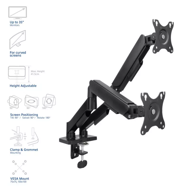 ACT monitora roka 35 collu, gāzes atspere, 2 monitoriem, Essentials, Clamp/Grommet, 18 kg, 43.2 cm (17 collu), 88.9 cm (35 collu), 100 x 100 mm, Melna