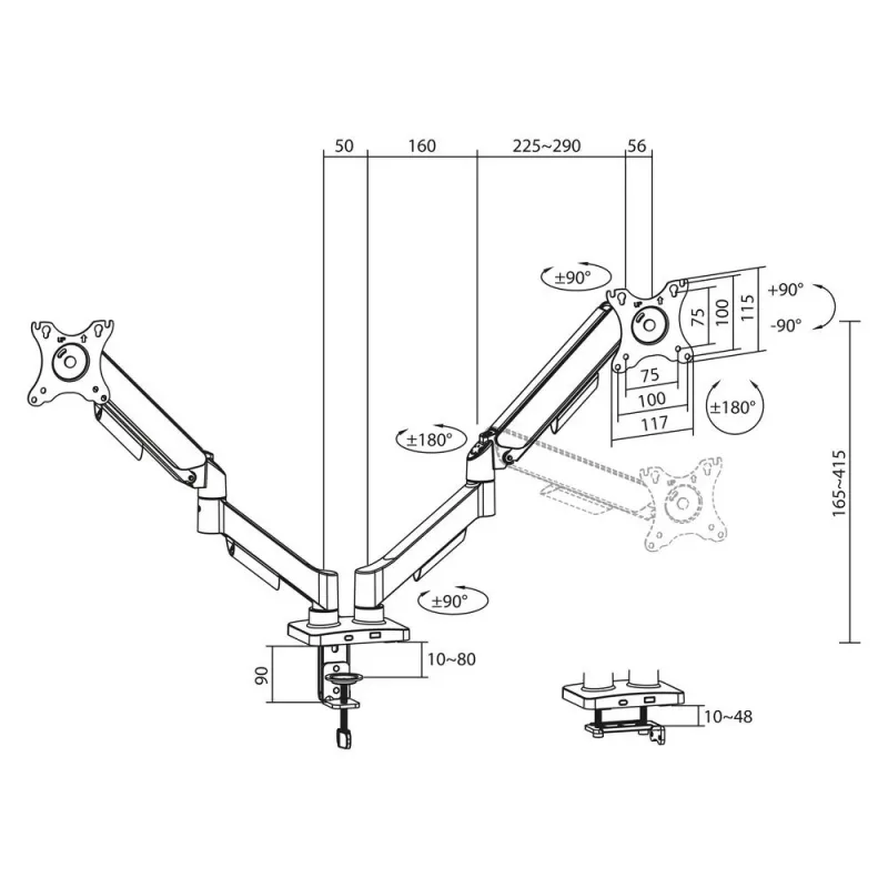 ACT monitora roka 35 collu, gāzes atspere, 2 monitoriem, Essentials, Clamp/Grommet, 18 kg, 43.2 cm (17 collu), 88.9 cm (35 collu), 100 x 100 mm, Melna