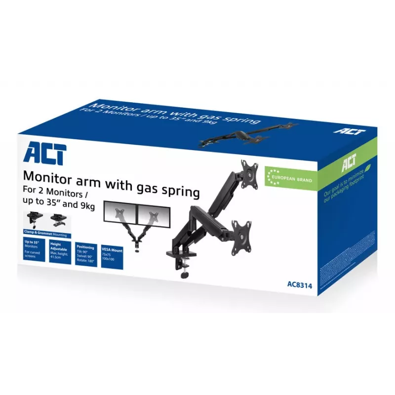 ACT monitora roka 35 collu, gāzes atspere, 2 monitoriem, Essentials, Clamp/Grommet, 18 kg, 43.2 cm (17 collu), 88.9 cm (35 collu), 100 x 100 mm, Melna