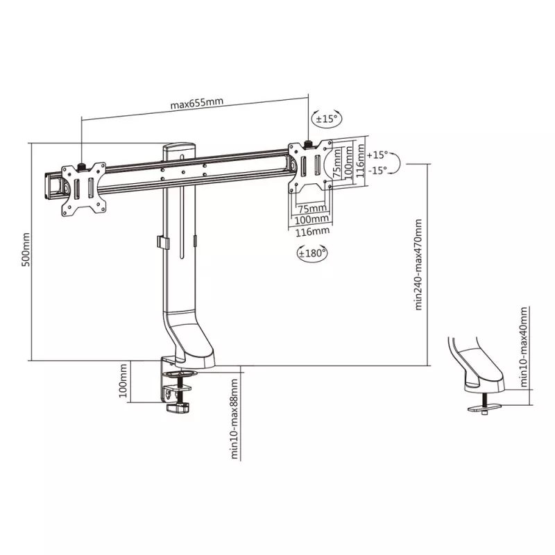 ACT Divu monitoru roka AC8322 ātrai augstuma regulēšanai, skava/caurums, 14 kg