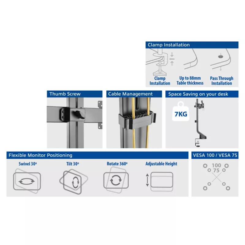 ACT Divu monitoru roka AC8322 ātrai augstuma regulēšanai, skava/caurums, 14 kg