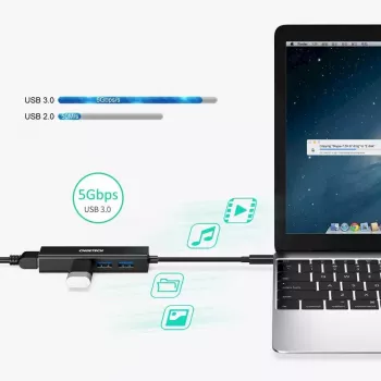 CHOETECH HUB-U02BK USB-C uz RJ-45 Ethernet adapteris ar 3x USB-A portiem