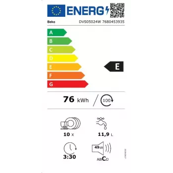 Brīvi stāvoša šaurā trauku mazgājamā mašīna BEKO DVS05024W — 10 komplekti, 45 cm, 49 dB, E klase