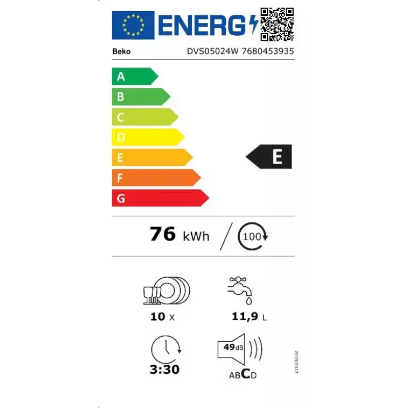 Brīvi stāvoša šaurā trauku mazgājamā mašīna BEKO DVS05024W — 10 komplekti, 45 cm, 49 dB, E klase