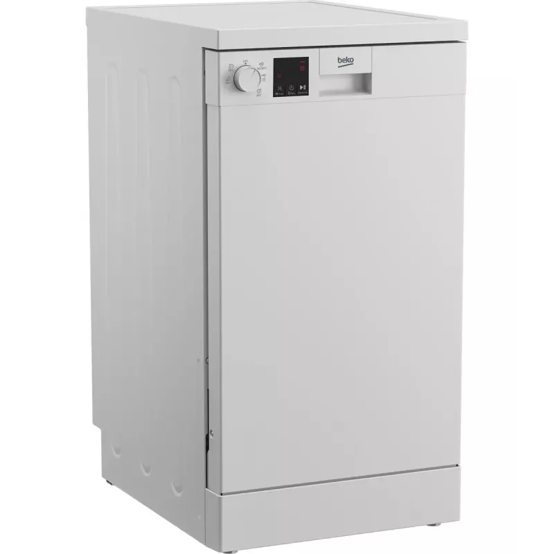 Brīvi stāvoša šaurā trauku mazgājamā mašīna BEKO DVS05024W — 10 komplekti, 45 cm, 49 dB, E klase