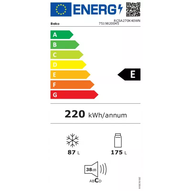 Ledusskapis-salvētava BEKO RCSA270K40WN, brīvstāvošs, 262 L (175 L ledusskapis / 87 L saldētava), 1708 mm, balts