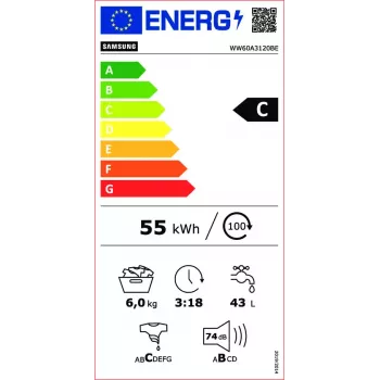 Samsung WW60A3120BE/LE veļas mazgājamā mašīna, priekšējā ielāde, 6 kg, 1200 RPM, balta