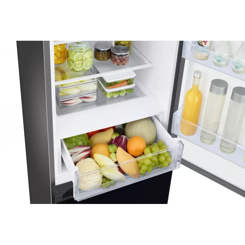Brīvi stāvošs ledusskapis Samsung RB38C6B2E22 ar No Frost, labās puses virām, 35 dB, energoklase E, 8 kg/24h sasaldēšana, 4 plaukti, 2 dārzeņu atvilktnes, melns