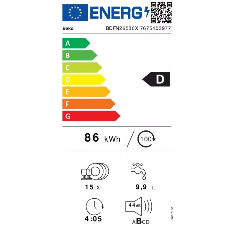 Brīvi stāvoša trauku mazgājamā mašīna BEKO BDFN26530X, pilna izmēra 60 cm, 15 komplekti, 44 dB, 6 programmas
