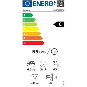 Samsung WW60A3120WE/LE veļas mašīna, priekšējā ielāde, 6 kg, 1200 RPM, balta