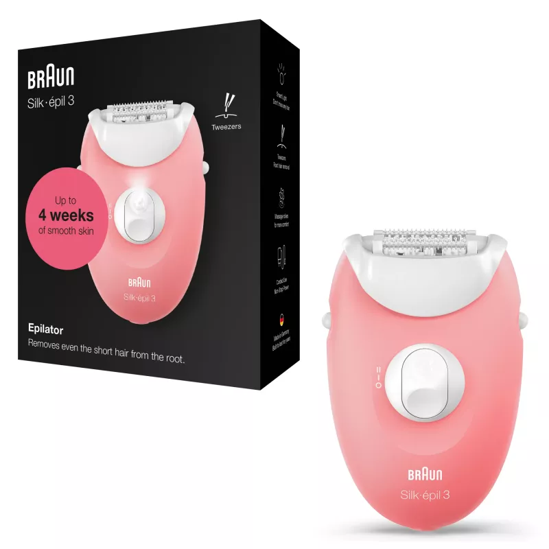 Braun Silk-épil 3 3-176 epilators ar 3 papildierīcēm, Rozā, Balta, 20 pincetes, Skūšana, AC, 100 - 240 V, 50 - 60 Hz