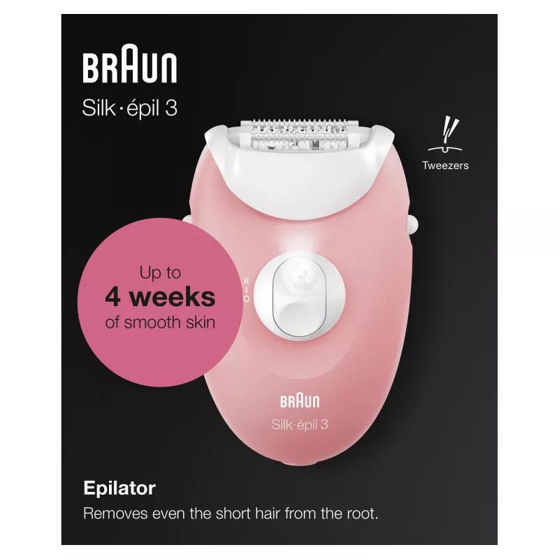 Braun Silk-épil 3 3-176 epilators ar 3 papildierīcēm, Rozā, Balta, 20 pincetes, Skūšana, AC, 100 - 240 V, 50 - 60 Hz
