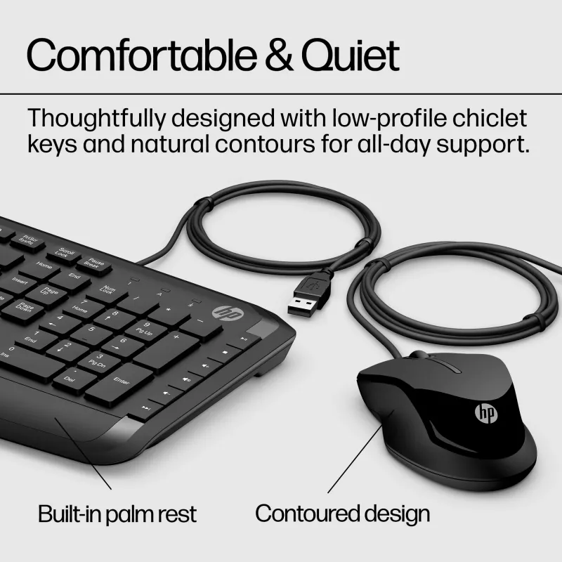 HP Pavilion tastatūra un pele 200, vadu, USB, mehāniskā, QWERTY, melna, pele iekļauta