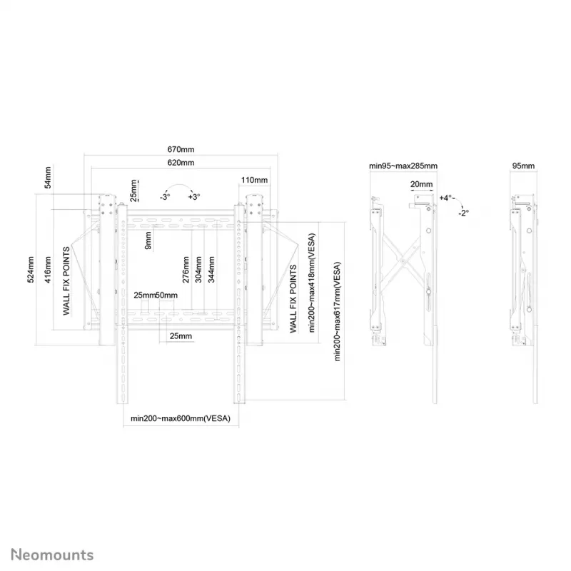 Neomounts LED-VW2500BLACK1 videowall stiprinājums, 70 kg, 32 inch-75 inch, VESA 200x200 līdz 600x600 mm