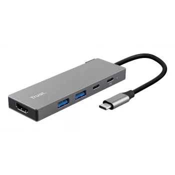 USB Type-C centrmezgls TRUST 26062 — HDMI + USB 3.2 Gen 1 Type-A & Type-C, Pelēks, 5 porti