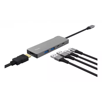 USB Type-C centrmezgls TRUST 26062 — HDMI + USB 3.2 Gen 1 Type-A & Type-C, Pelēks, 5 porti