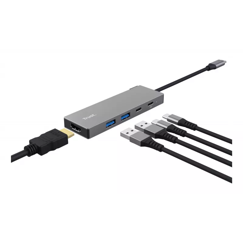 USB Type-C centrmezgls TRUST 26062 — HDMI + USB 3.2 Gen 1 Type-A & Type-C, Pelēks, 5 porti
