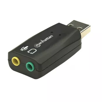 Manhattan USB-A skaņas adapteris, USB-A uz 3.5 mm mikrofona ieeju un audio izeju, 480 Mbps (USB 2.0), atbalsta 3D un virtuālo 5.1 telpisko skaņu, Hi-Speed USB, melns, trīs gadu garantija