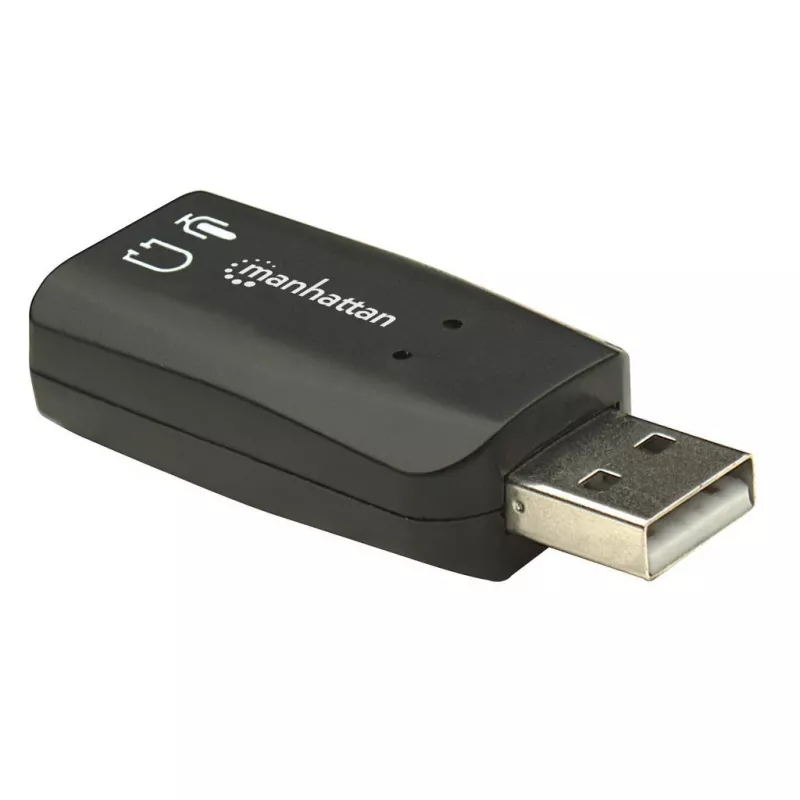 Manhattan 150859 USB-A 3D skaņas adapteris, USB-A uz 3,5 mm mikrofona ieejas un audio izejas pieslēgvietām, 480 Mbps (USB 2.0), stereo