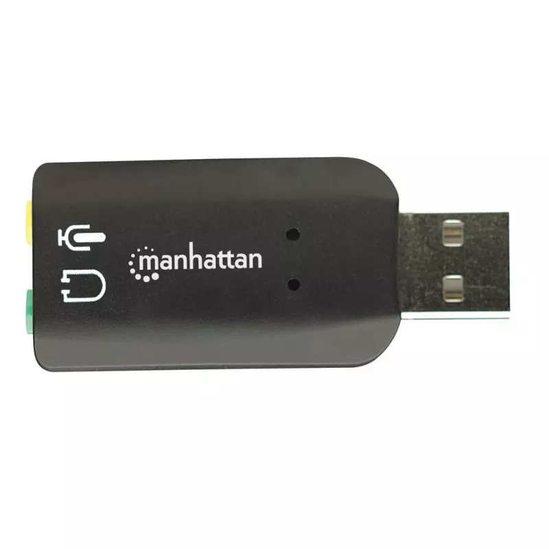 Manhattan 150859 USB-A 3D skaņas adapteris, USB-A uz 3,5 mm mikrofona ieejas un audio izejas pieslēgvietām, 480 Mbps (USB 2.0), stereo