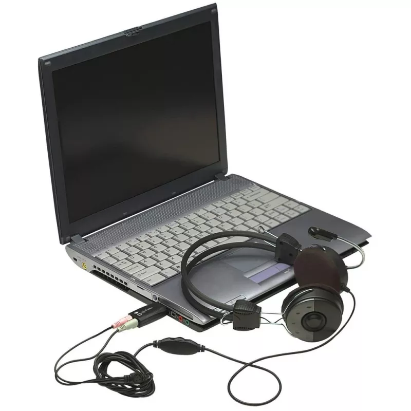 Manhattan 150859 USB-A 3D skaņas adapteris, USB-A uz 3,5 mm mikrofona ieejas un audio izejas pieslēgvietām, 480 Mbps (USB 2.0), stereo