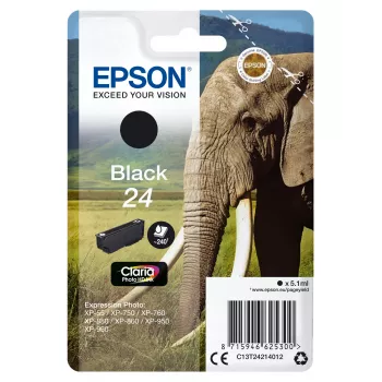 Epson Elephant Singlepack Black 24 Claria Photo HD tinte, melna, pigmenta tinte, 5.1 ml, 1 gab., 240 lapas, vienas pakas