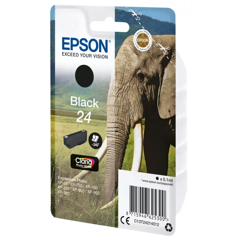 Epson Elephant Singlepack Black 24 Claria Photo HD tinte, melna, pigmenta tinte, 5.1 ml, 1 gab., 240 lapas, vienas pakas