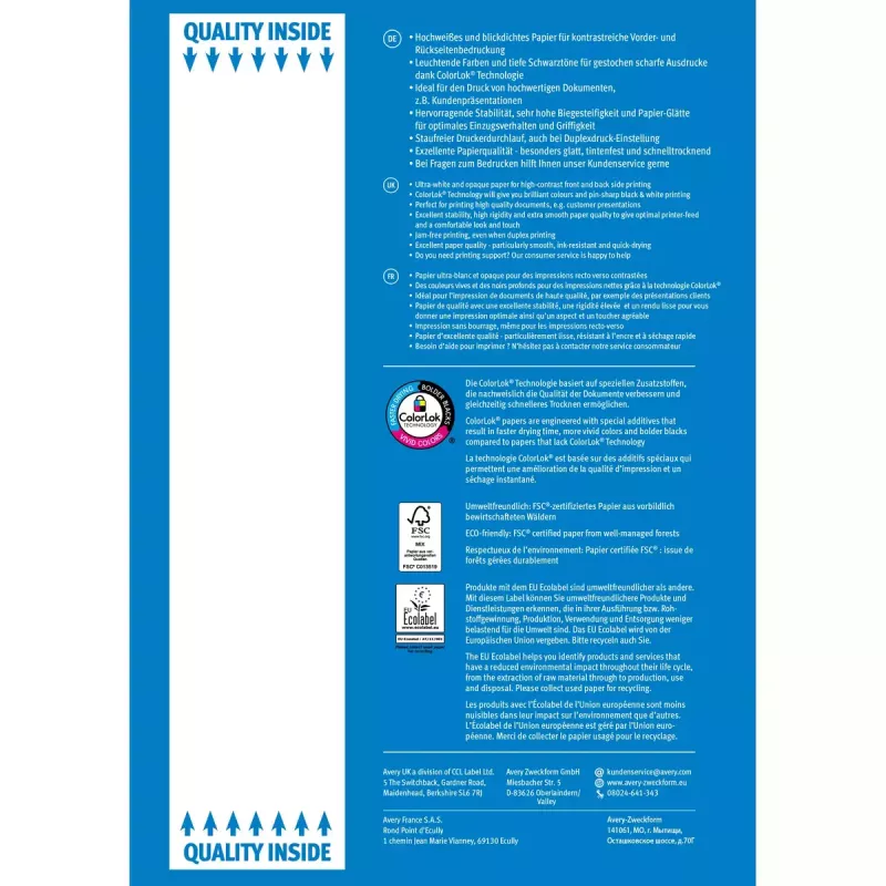 A4 biroja papīrs Avery Bright White Inkjet 500 loksnes