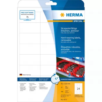 Pašlīmējošā etiķete HERMA 4573 Noņemama Balta 480 gab.