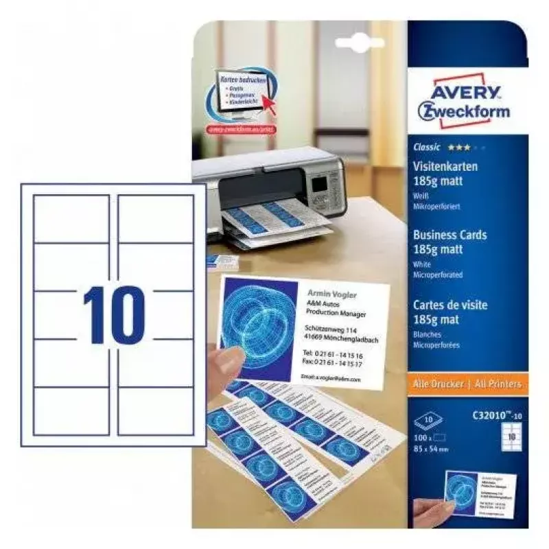 Vizītkartes Avery C32010-10, 100 gab., 85×54 mm, 185 g/m²