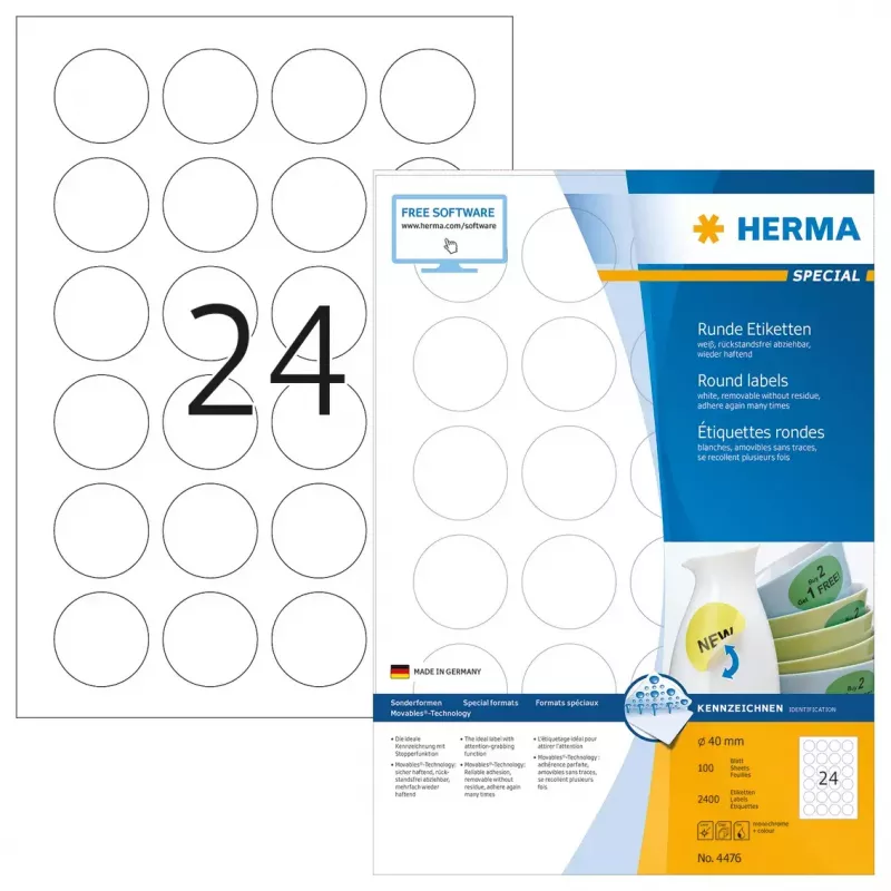 Pašlīmējošās etiķetes HERMA Noņemamas A4 Ø 40 mm 2400 gab.