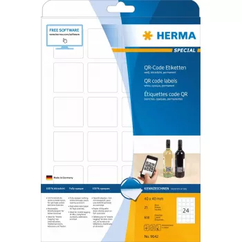 QR koda uzlīmes HERMA 9642 A4 40x40 mm kvadrātveida balts papīrs